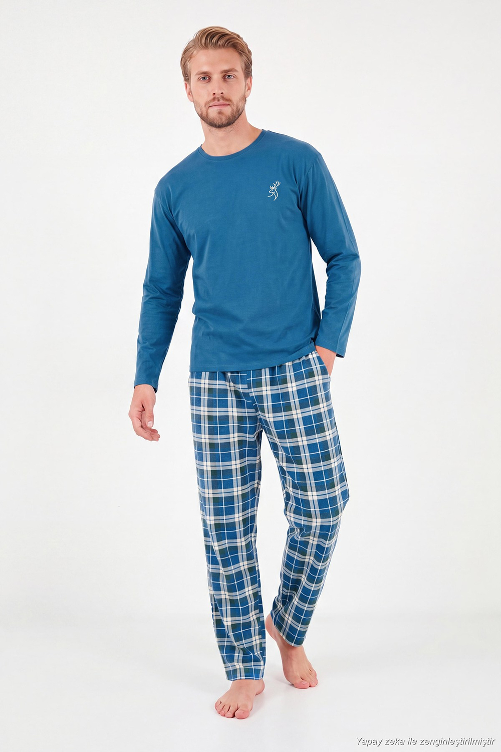 Ekoseli Pamuklu Bisiklet Yaka Uzun Kollu Erkek Pijama Takımı 6575003 İNDİGO