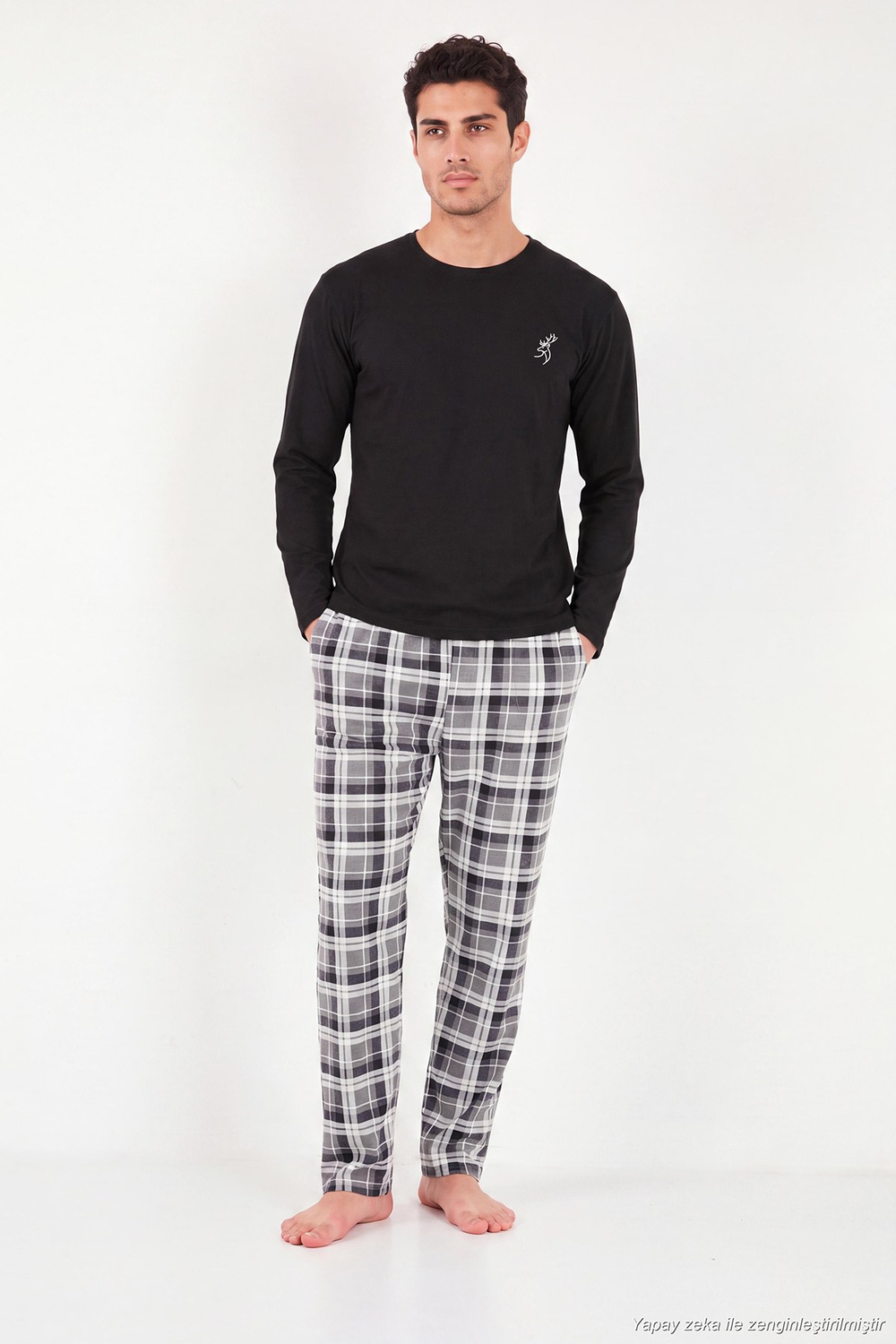 Ekoseli Pamuklu Bisiklet Yaka Uzun Kollu Erkek Pijama Takımı 6575003 SİYAH