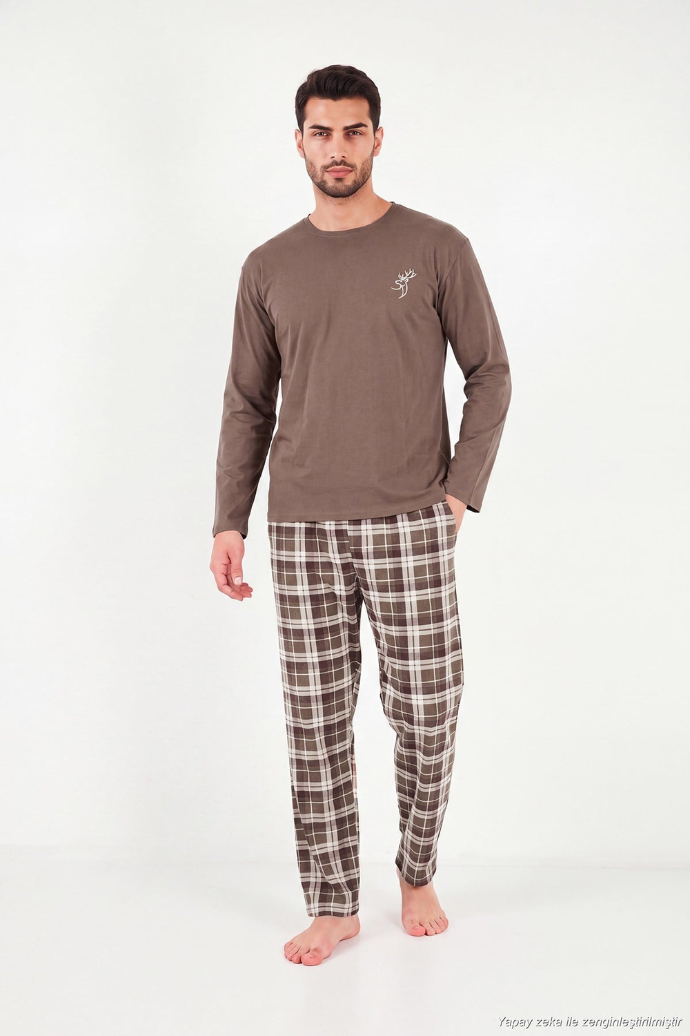 Ekoseli Pamuklu Bisiklet Yaka Uzun Kollu Erkek Pijama Takımı 6575003 KAHVE