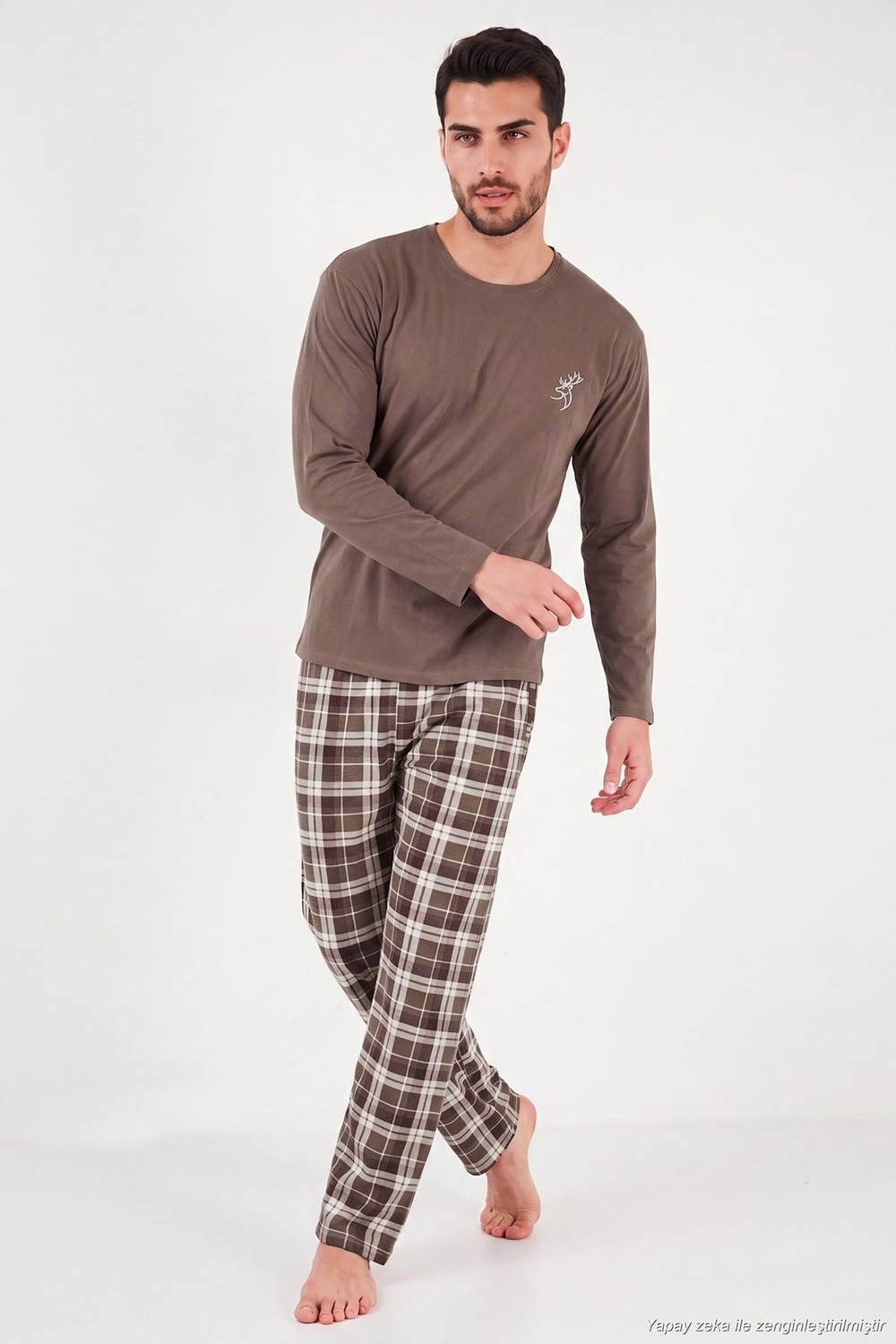 Ekoseli Pamuklu Bisiklet Yaka Uzun Kollu Erkek Pijama Takımı 6575003 KAHVE