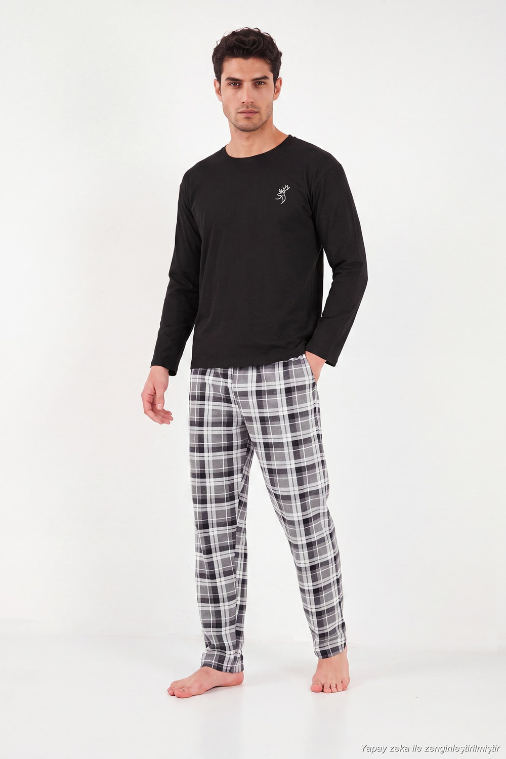 Ekoseli Pamuklu Bisiklet Yaka Uzun Kollu Erkek Pijama Takımı 6575003 SİYAH
