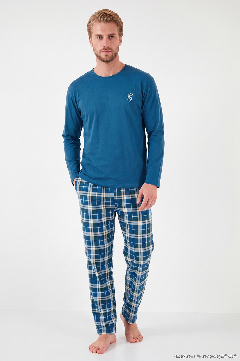 Ekoseli Pamuklu Bisiklet Yaka Uzun Kollu Erkek Pijama Takımı 6575003 İNDİGO