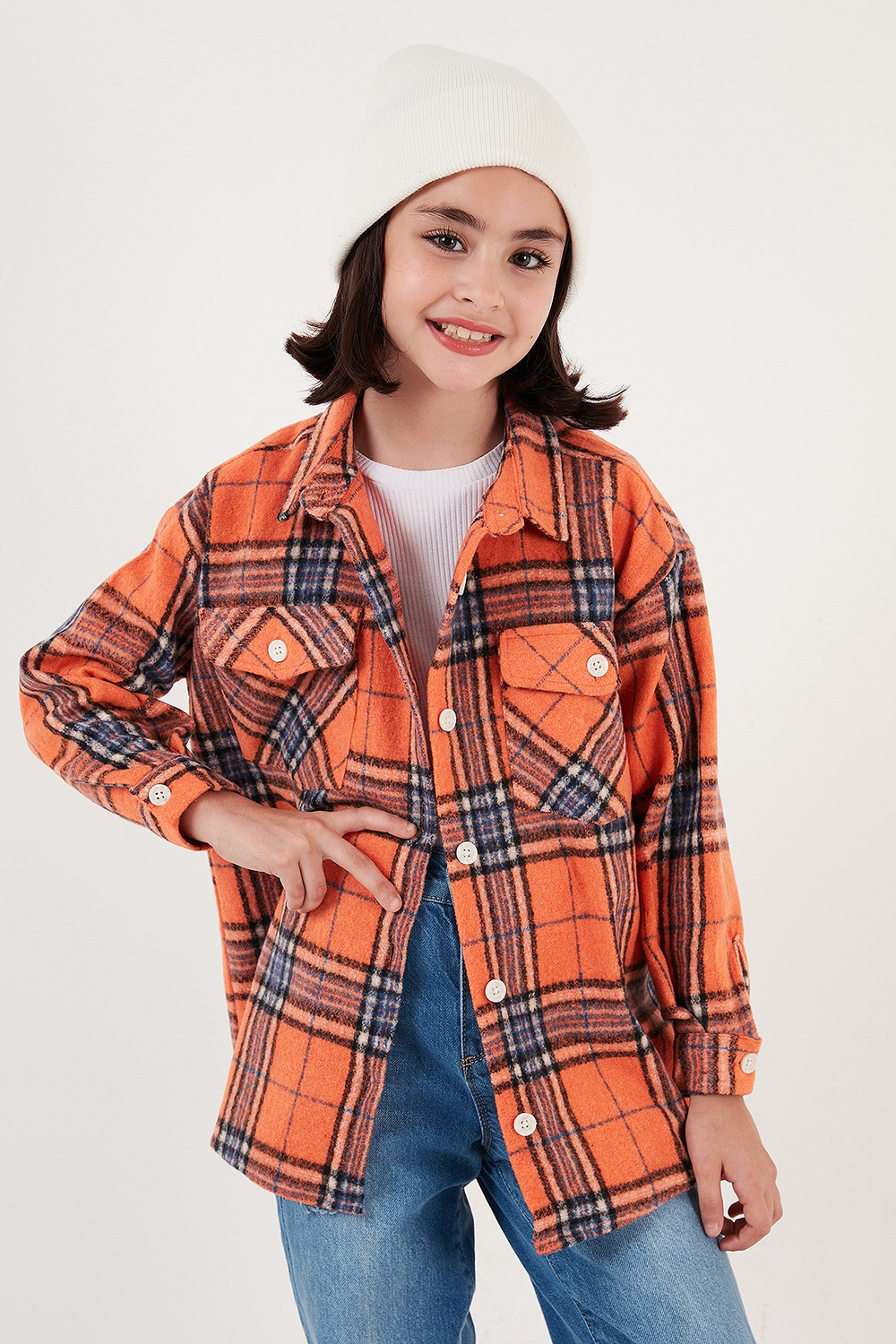 Ekoseli Pamuklu Çift Cepli Kışlık Oduncu Kız Çocuk Gömlek CF24W81783 ORANGE