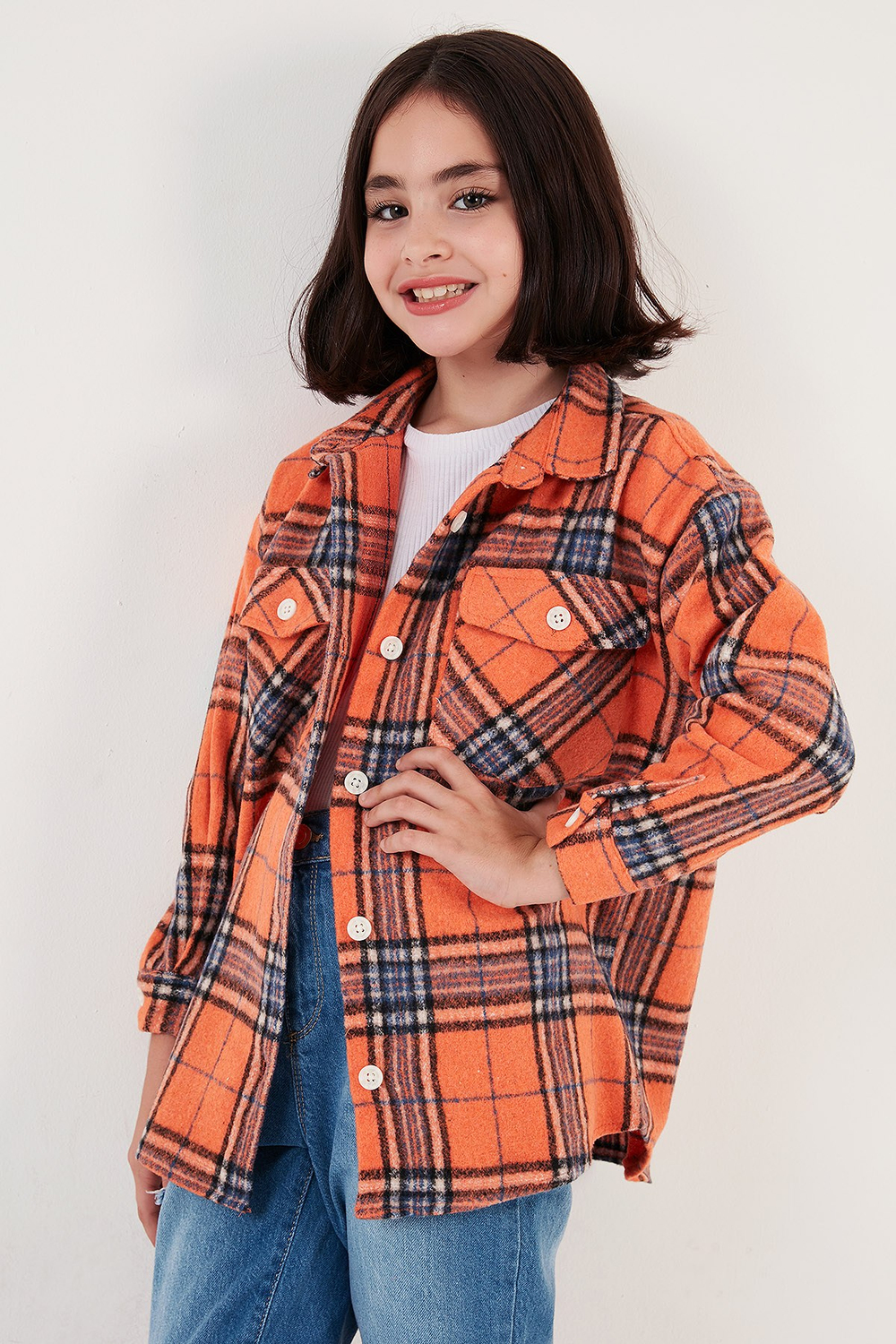 Ekoseli Pamuklu Çift Cepli Kışlık Oduncu Kız Çocuk Gömlek CF24W81783 ORANGE