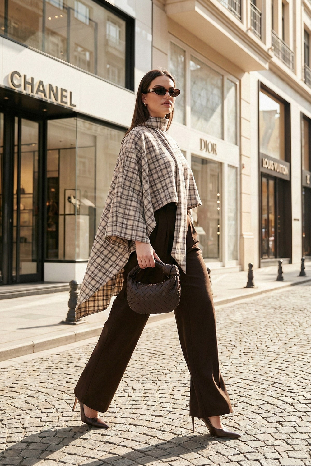 Ekoseli Pamuklu Oversize Fit Fular Yakalı Kadın Panço 6925472 BEJ