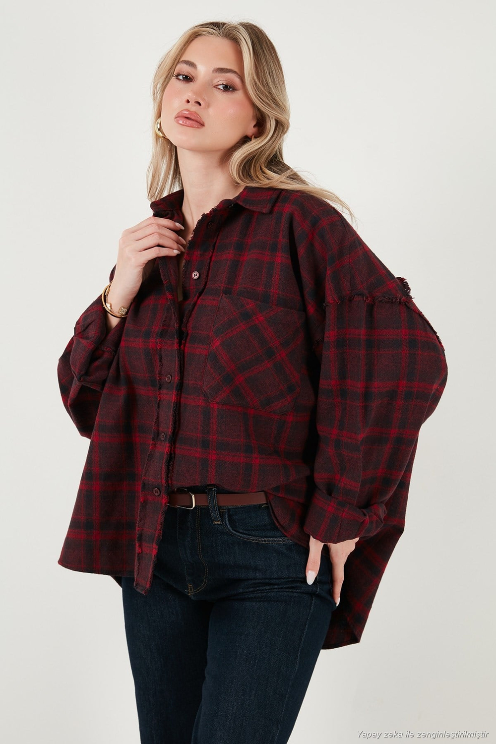 Ekoseli Pamuklu Oversize Fit Klasik Yaka Kadın Gömlek 6835002 MÜRDÜM