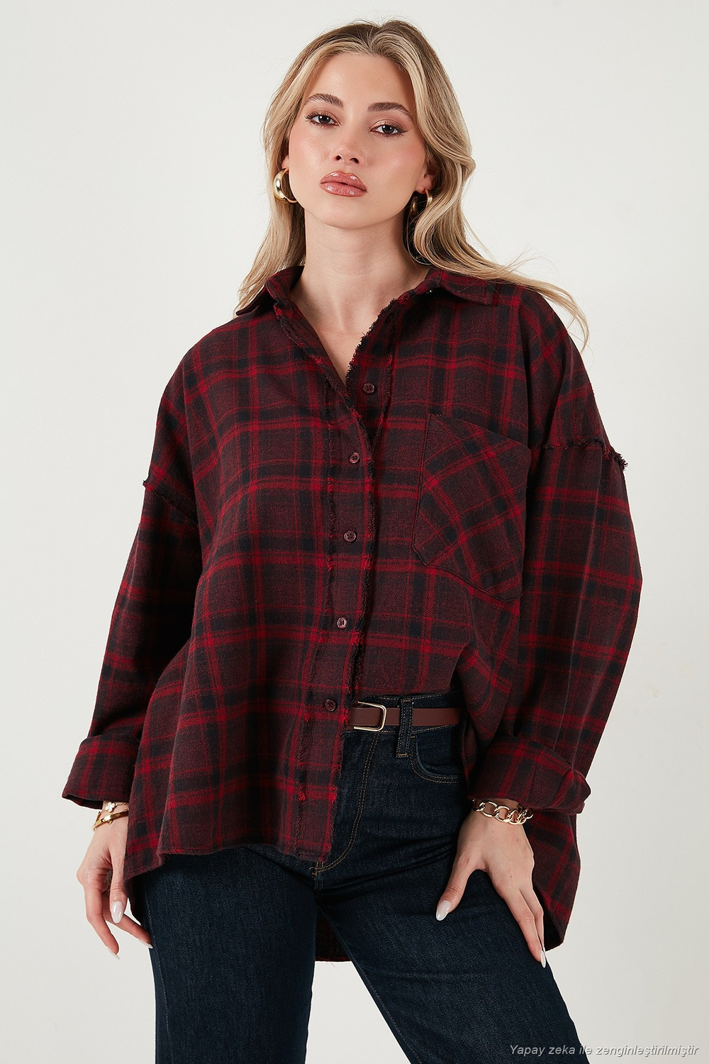 Ekoseli Pamuklu Oversize Fit Klasik Yaka Kadın Gömlek 6835002 MÜRDÜM