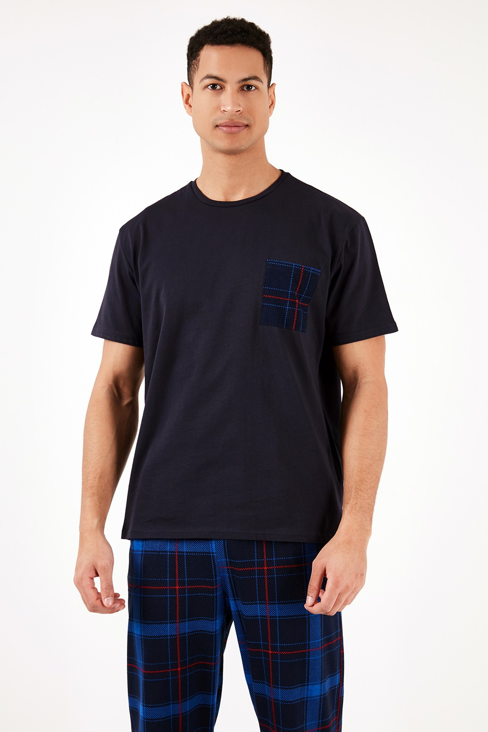 Ekoseli Pamuklu Regular Fit Kısa Kollu Erkek Pijama Takımı 6572002 LACİVERT-SAKS