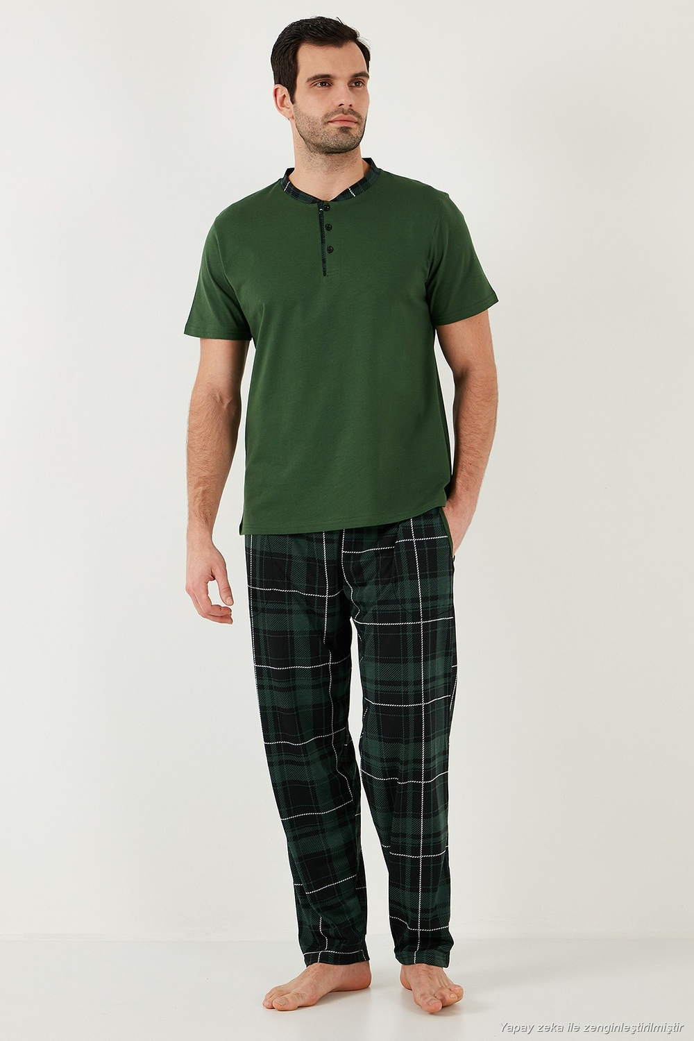 Ekoseli Pamuklu Regular Fit Kısa Kollu Erkek Pijama Takımı 60961007 YEŞİL
