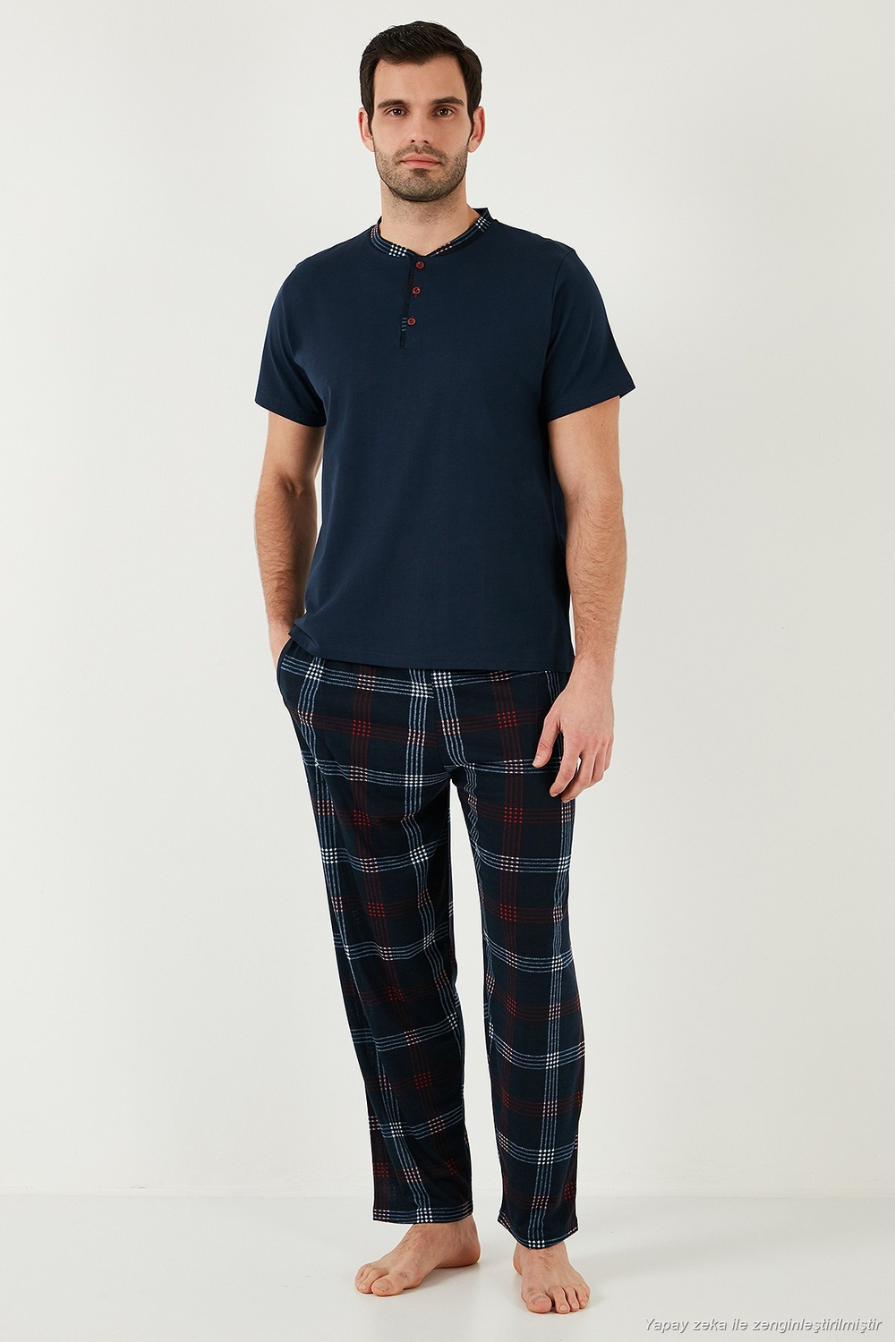 Ekoseli Pamuklu Regular Fit Kısa Kollu Erkek Pijama Takımı 60961007 LACİVERT