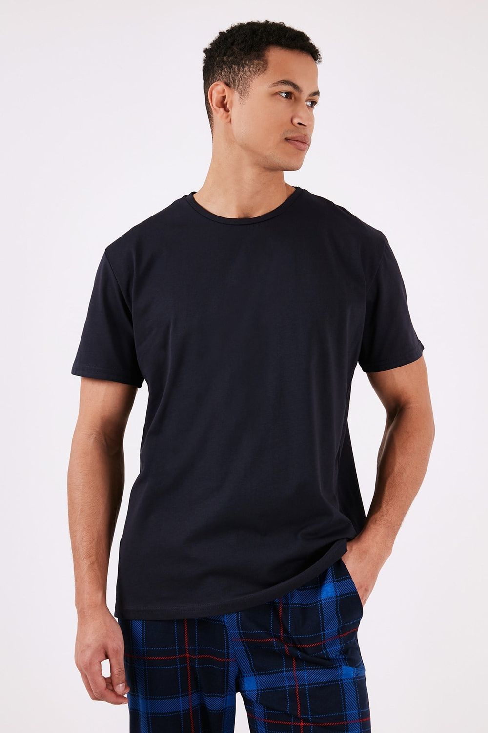 Ekoseli Pamuklu Regular Fit Kısa Kollu Erkek Pijama Takımı 6572006 LACİVERT-SAKS