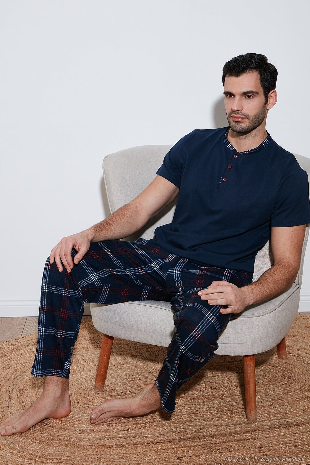 Ekoseli Pamuklu Regular Fit Kısa Kollu Erkek Pijama Takımı 60961007 LACİVERT