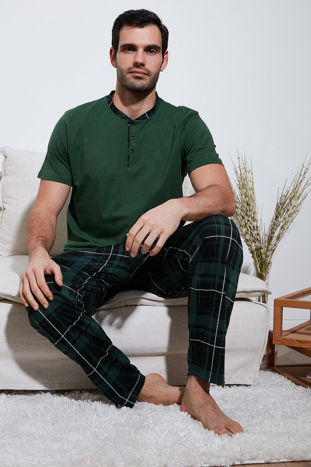 Ekoseli Pamuklu Regular Fit Kısa Kollu Erkek Pijama Takımı 60961007 YEŞİL