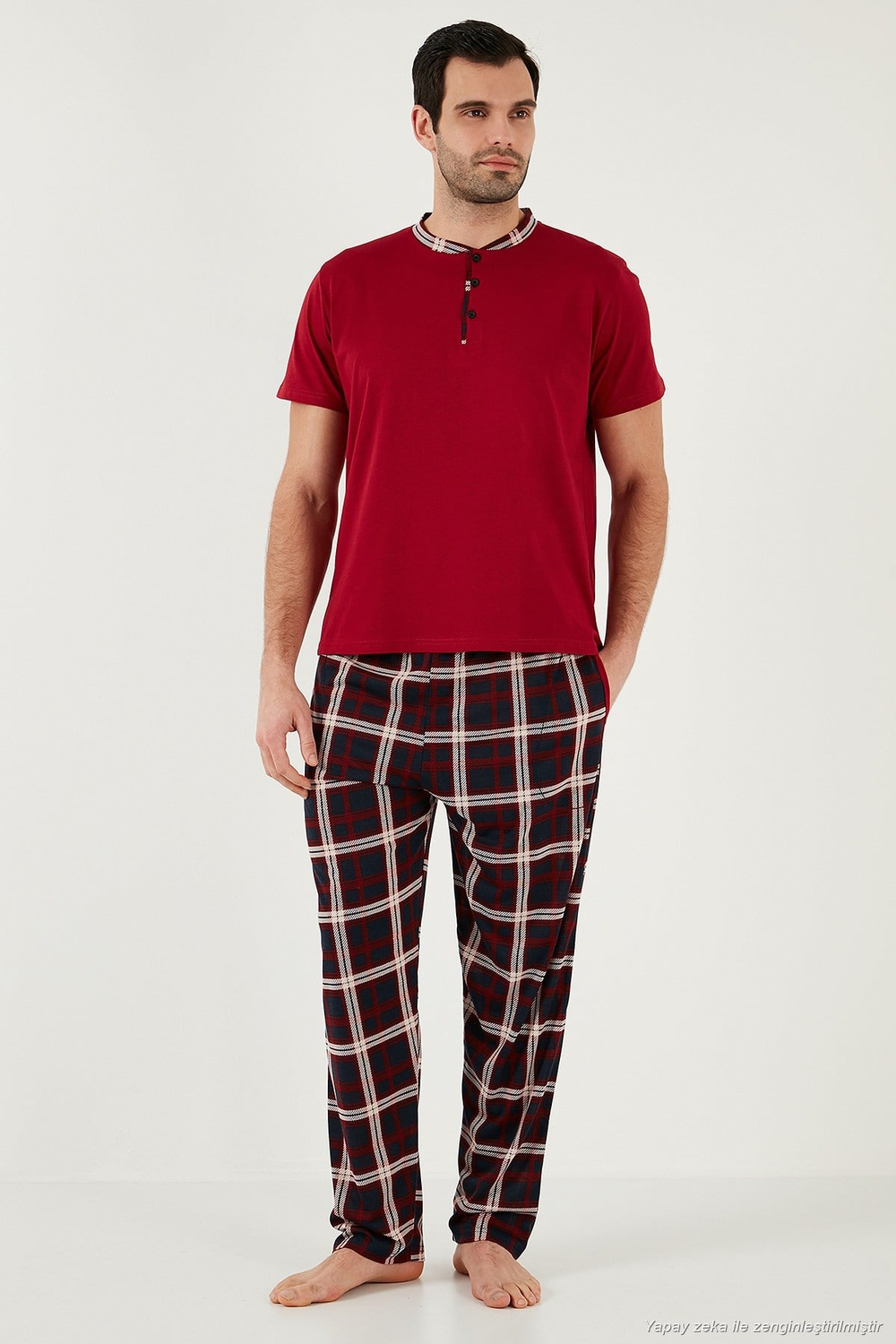 Ekoseli Pamuklu Regular Fit Kısa Kollu Erkek Pijama Takımı 60961007 BORDO