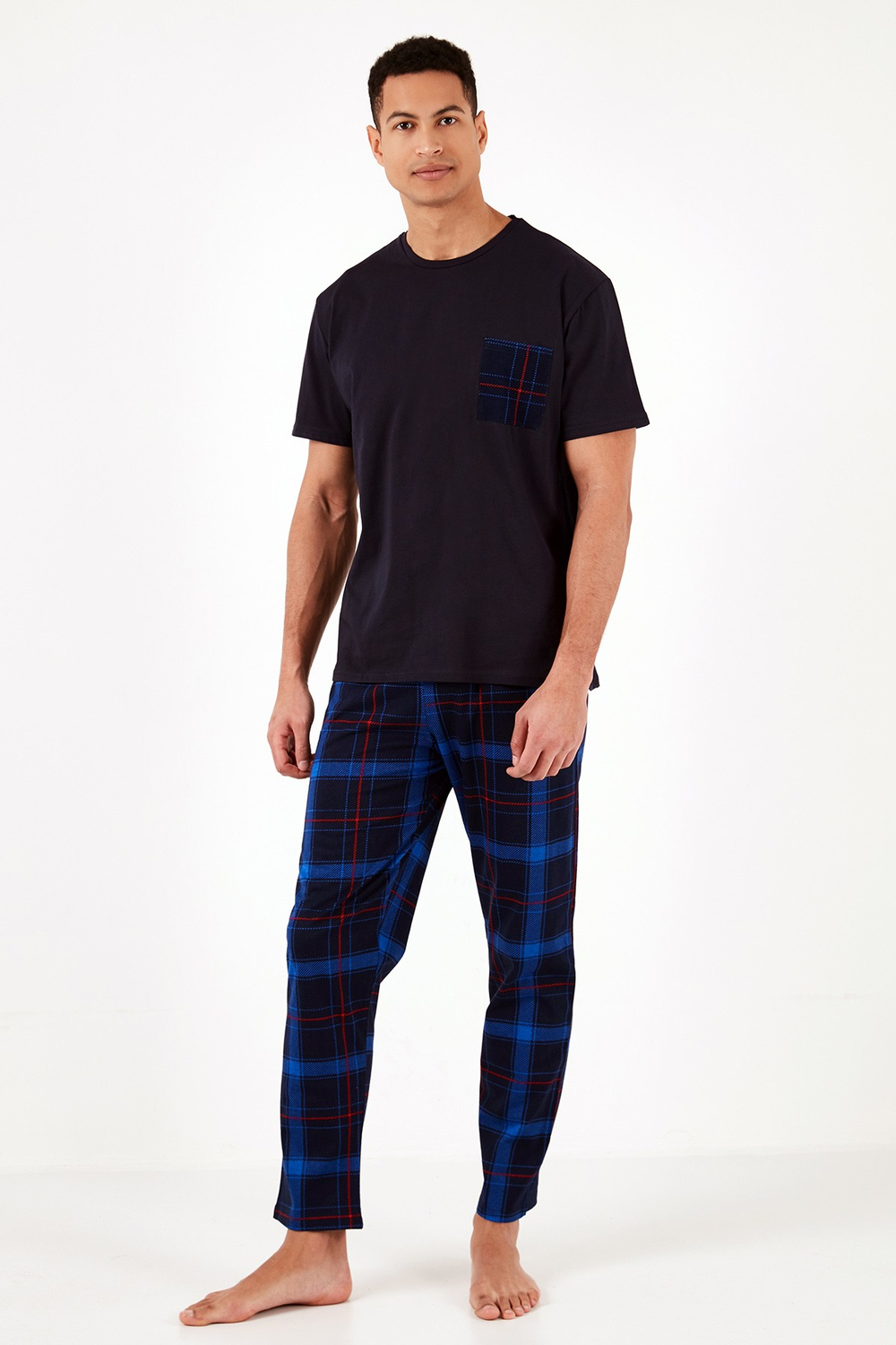 Ekoseli Pamuklu Regular Fit Kısa Kollu Erkek Pijama Takımı 6572002 LACİVERT-SAKS