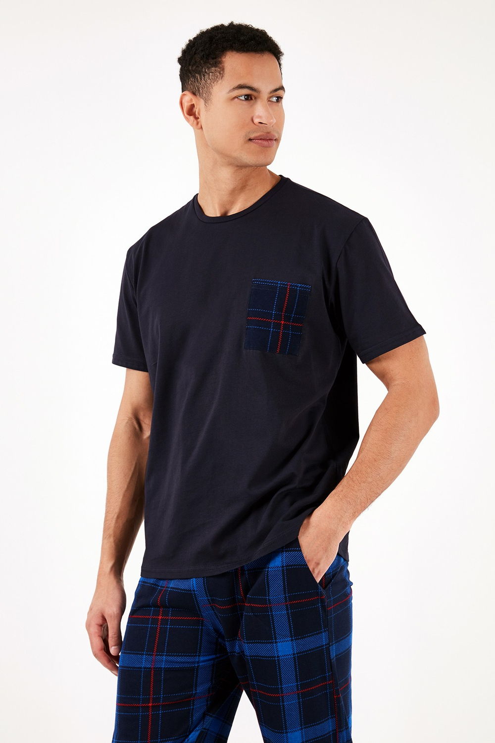 Ekoseli Pamuklu Regular Fit Kısa Kollu Erkek Pijama Takımı 6572002 LACİVERT-SAKS