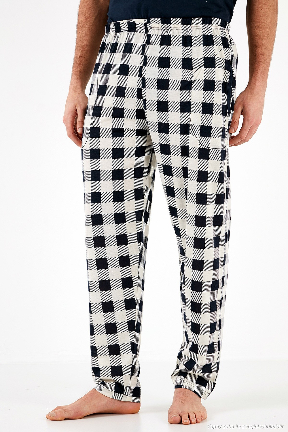 Ekoseli Pamuklu Regular Fit Kısa Kollu Erkek Pijama Takımı 60961007 LACİVERT-BEYAZ