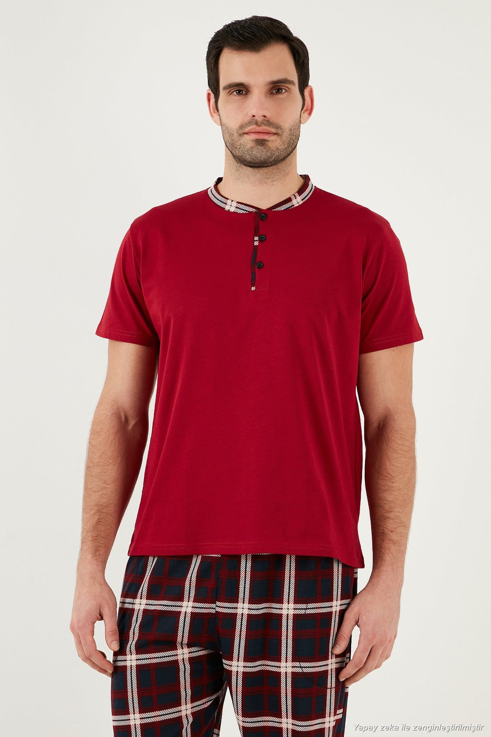 Ekoseli Pamuklu Regular Fit Kısa Kollu Erkek Pijama Takımı 60961007 BORDO