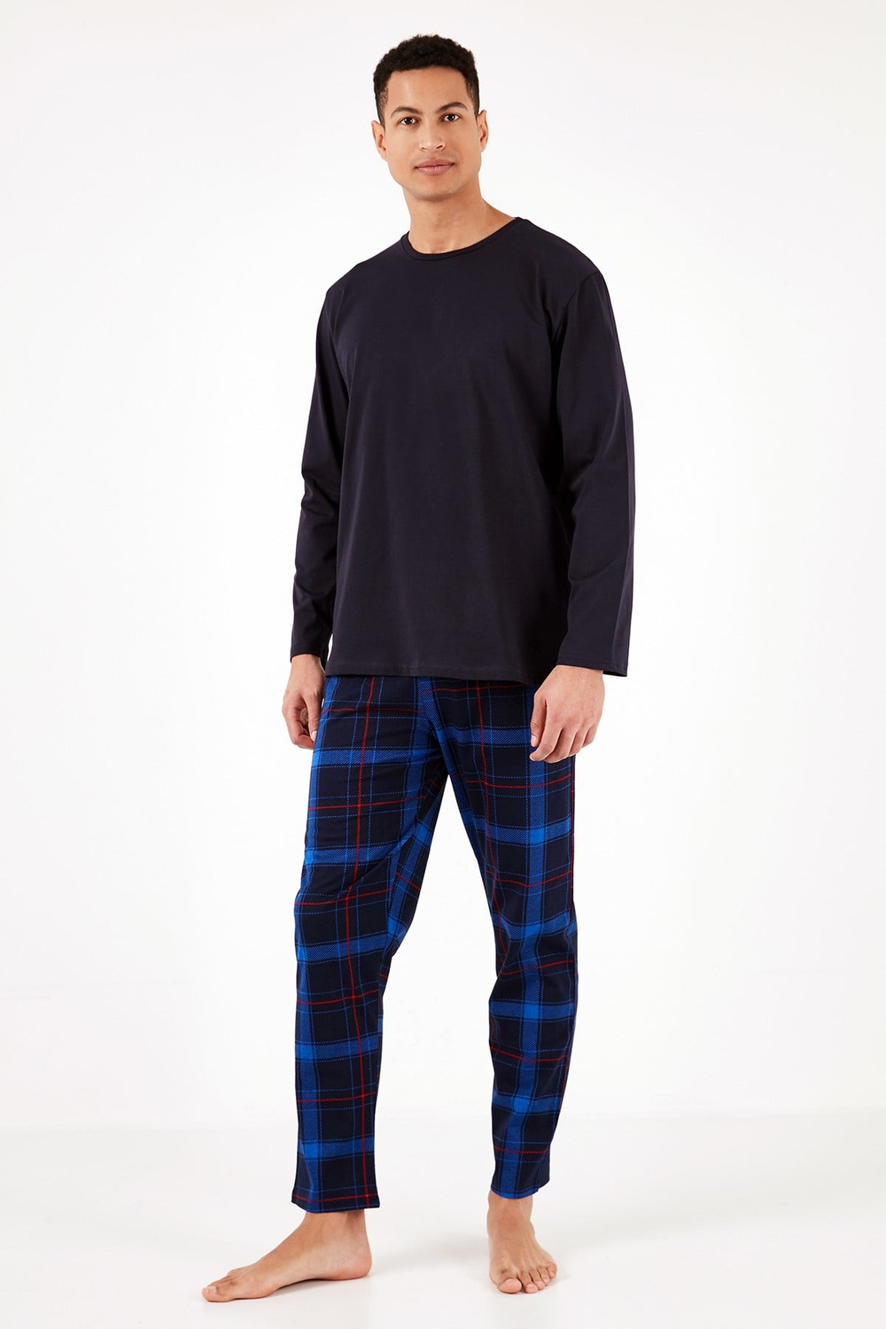 Ekoseli Pamuklu Regular Fit Uzun Kollu Erkek Pijama Takımı 6572005 LACİVERT-SAKS