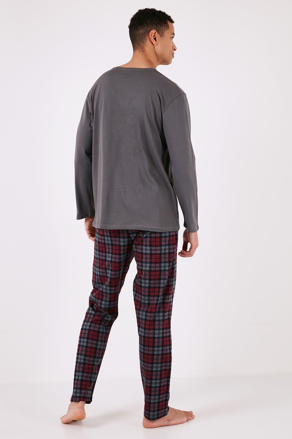 Ekoseli Pamuklu Regular Fit Uzun Kollu Erkek Pijama Takımı 6572005 FÜME