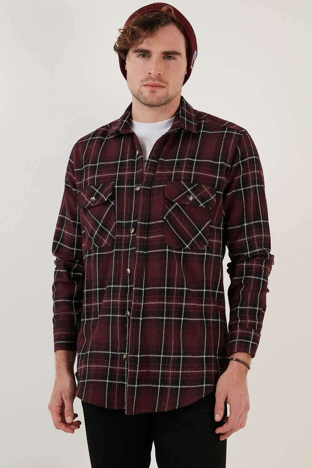 Ekoseli Regular Fit Çift Cepli Oduncu Kışlık Erkek Gömlek CF21W112577 BORDO-EKRU