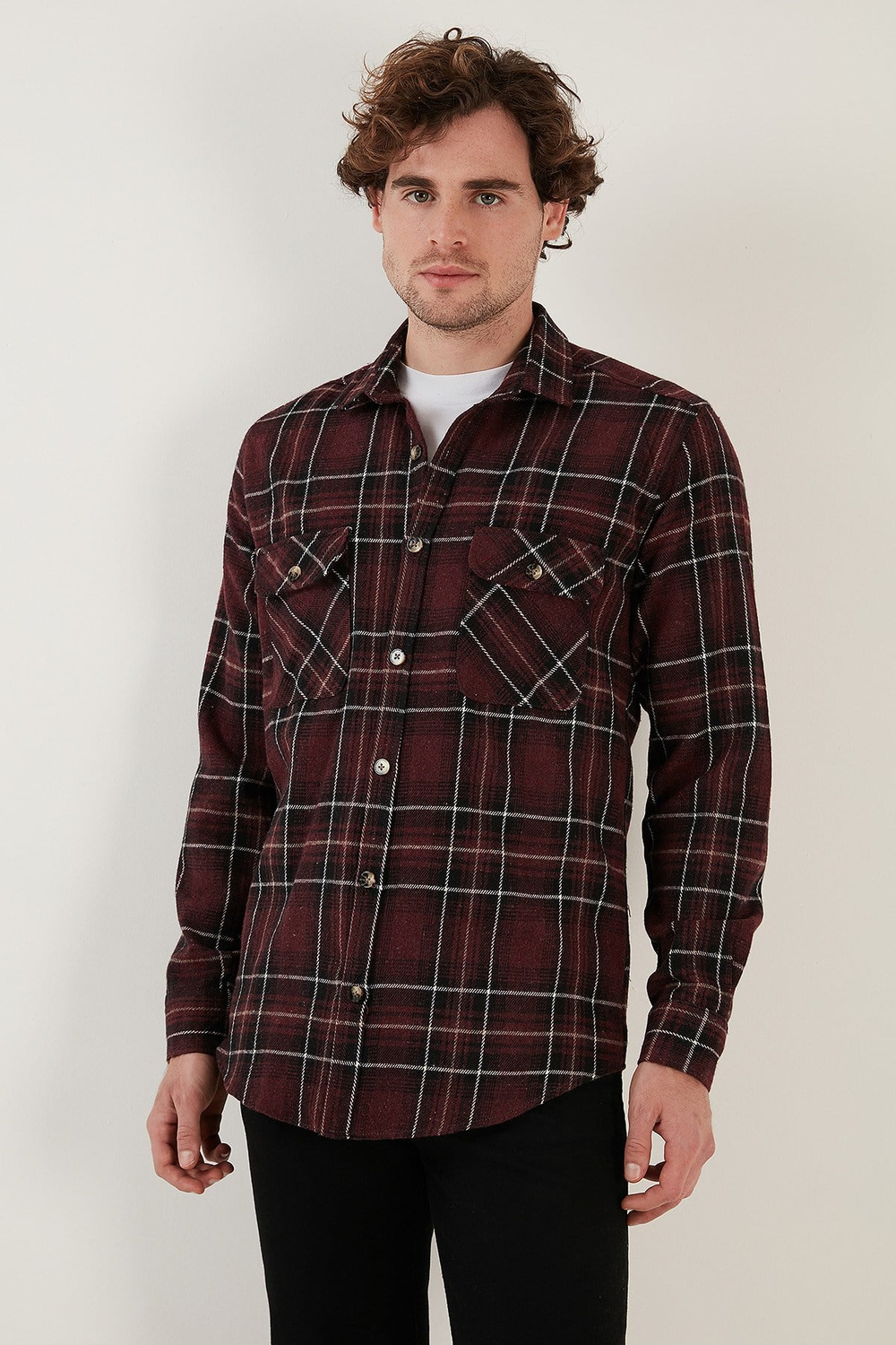 Ekoseli Regular Fit Çift Cepli Oduncu Kışlık Erkek Gömlek CF21W112577 BORDO-EKRU