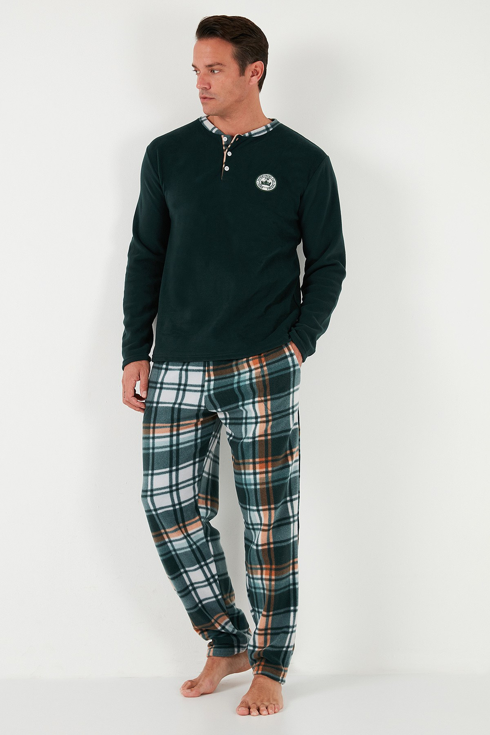 Ekoseli Regular Fit Düğmeli Bisiklet Yaka Kışlık Polar Erkek Pijama Takımı 60961008 YEŞİL