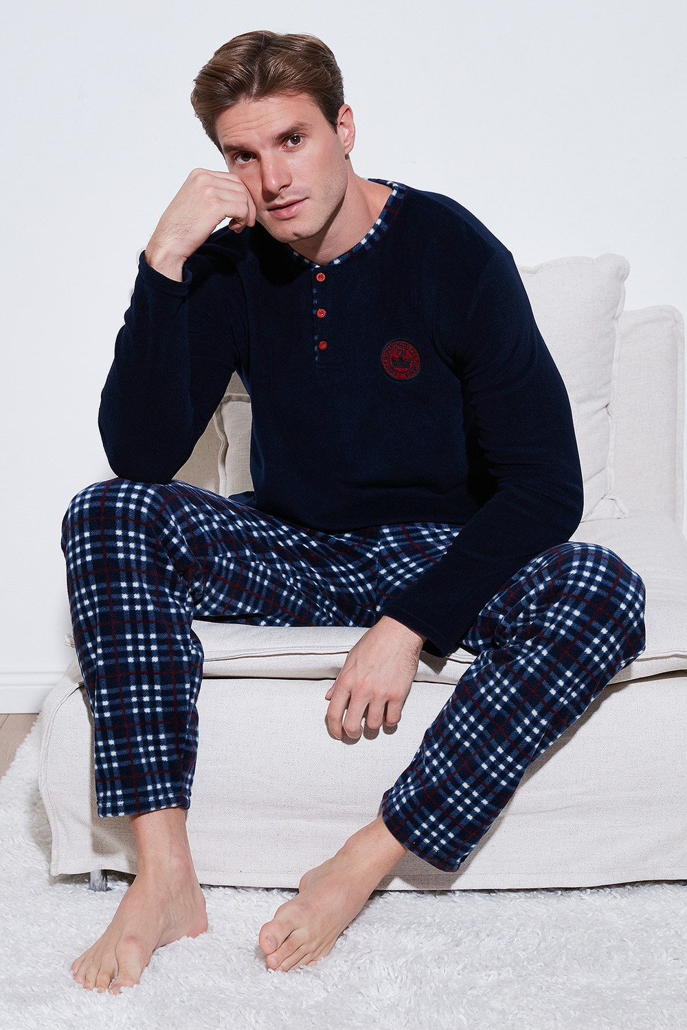 Ekoseli Regular Fit Düğmeli Bisiklet Yaka Kışlık Polar Erkek Pijama Takımı 60961002 LACİVERT