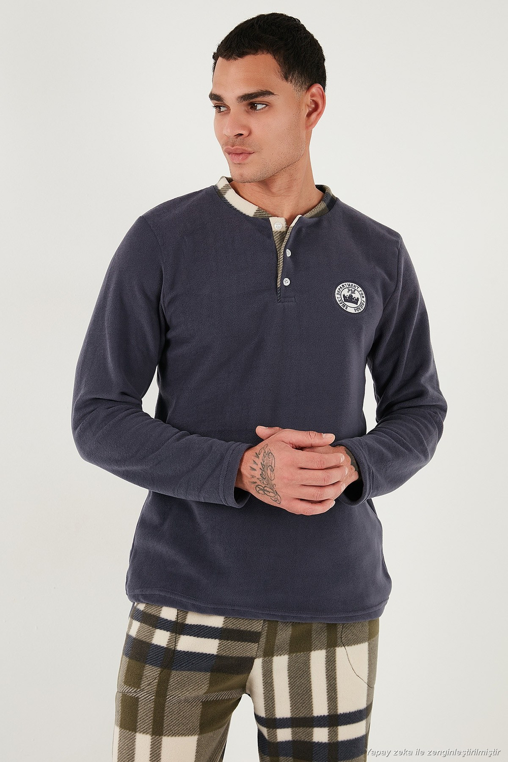Ekoseli Regular Fit Düğmeli Bisiklet Yaka Kışlık Polar Erkek Pijama Takımı 60961008 GRİ