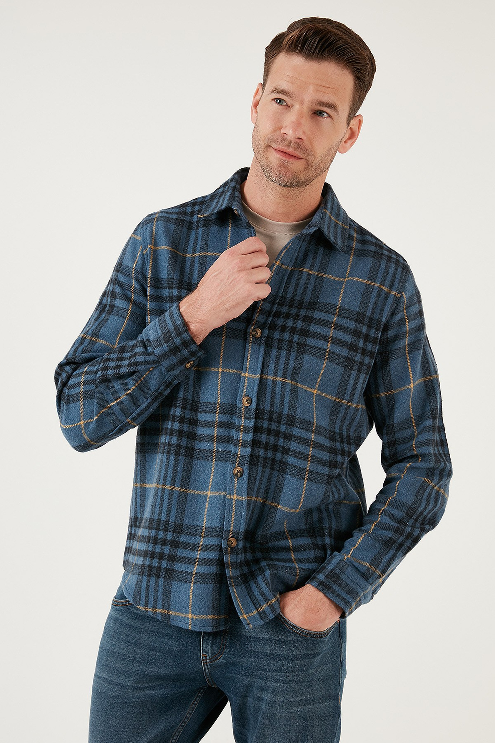 Ekoseli Uzun Kollu Slim Fit Kışlık Erkek Gömlek CF21W112844 İNDİGO