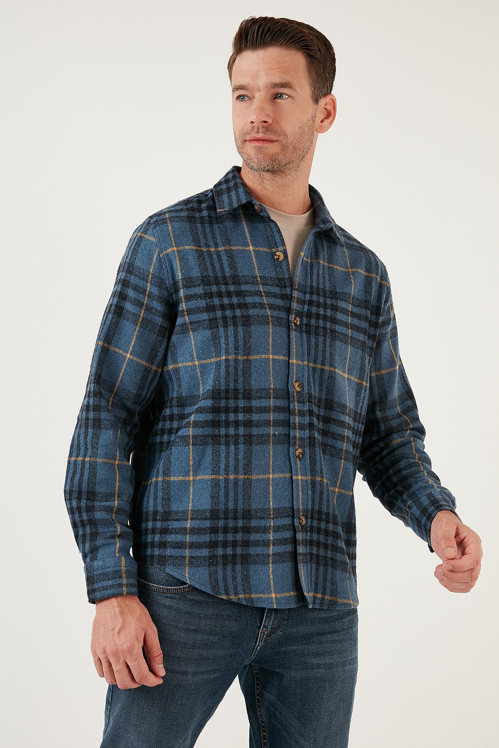 Ekoseli Uzun Kollu Slim Fit Kışlık Erkek Gömlek CF21W112844 İNDİGO