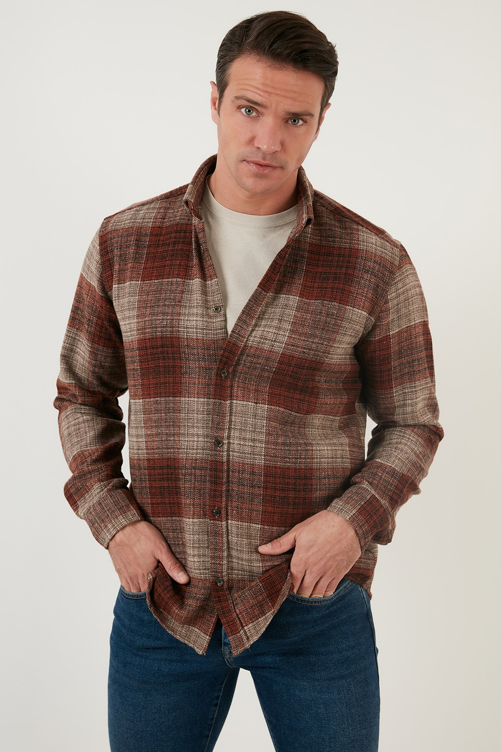 Ekoseli Uzun Kollu Slim Fit Kışlık Erkek Gömlek CF21W112844 VİZON