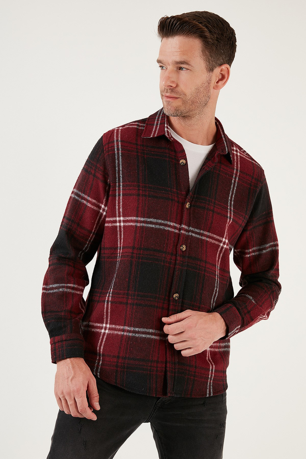 Ekoseli Uzun Kollu Slim Fit Kışlık Erkek Gömlek CF21W112844 BORDO