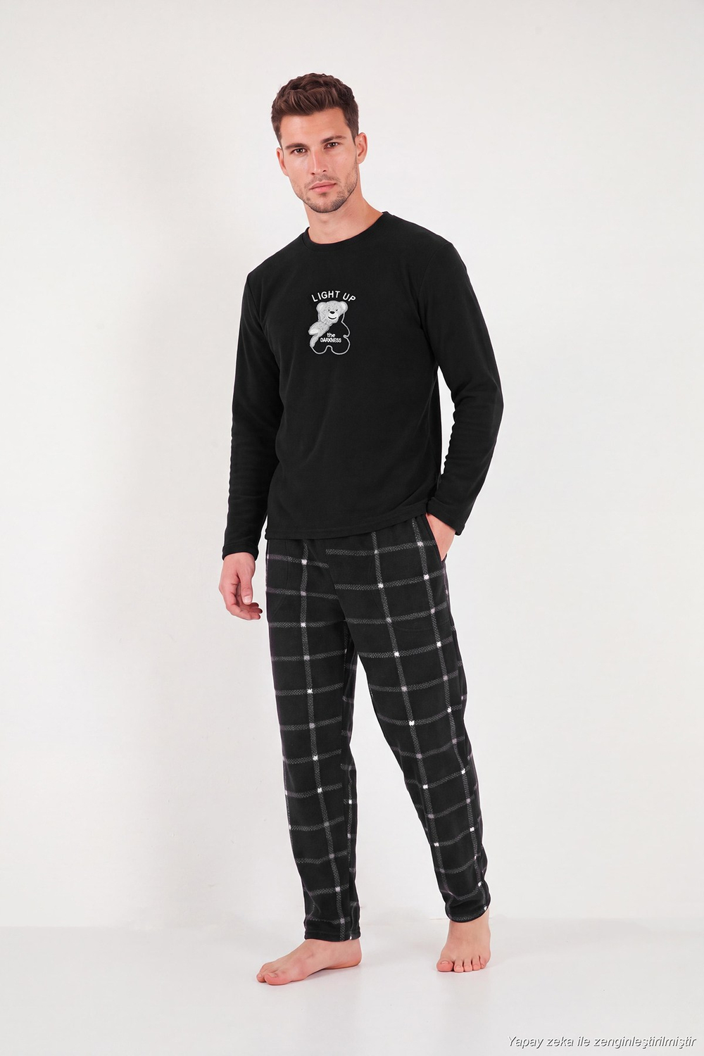 Ekoseli Yumuşak Dokulu Bisiklet Yaka Polar Erkek Pijama Takımı 6097044 SİYAH