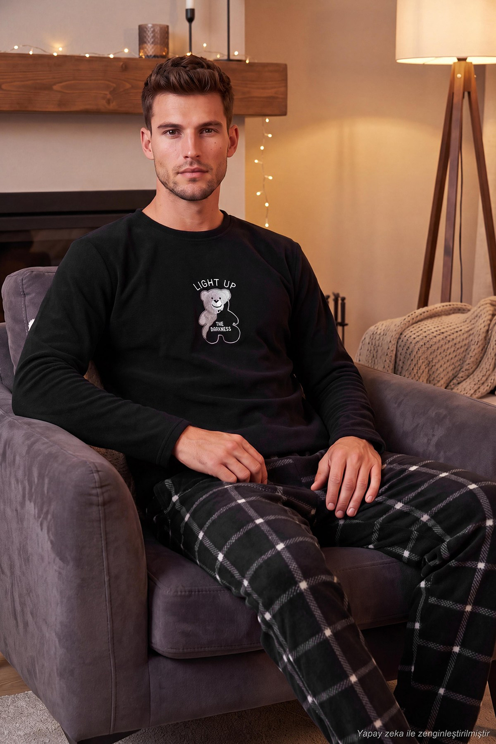Ekoseli Yumuşak Dokulu Bisiklet Yaka Polar Erkek Pijama Takımı 6097044 SİYAH