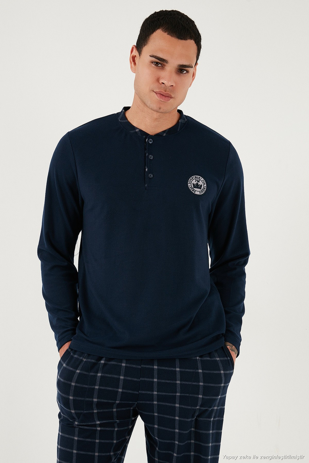Ekoseli Yumuşak Dokulu Regular Fit Uzun Kollu Erkek Pijama Takımı 609611030 LACİVERT