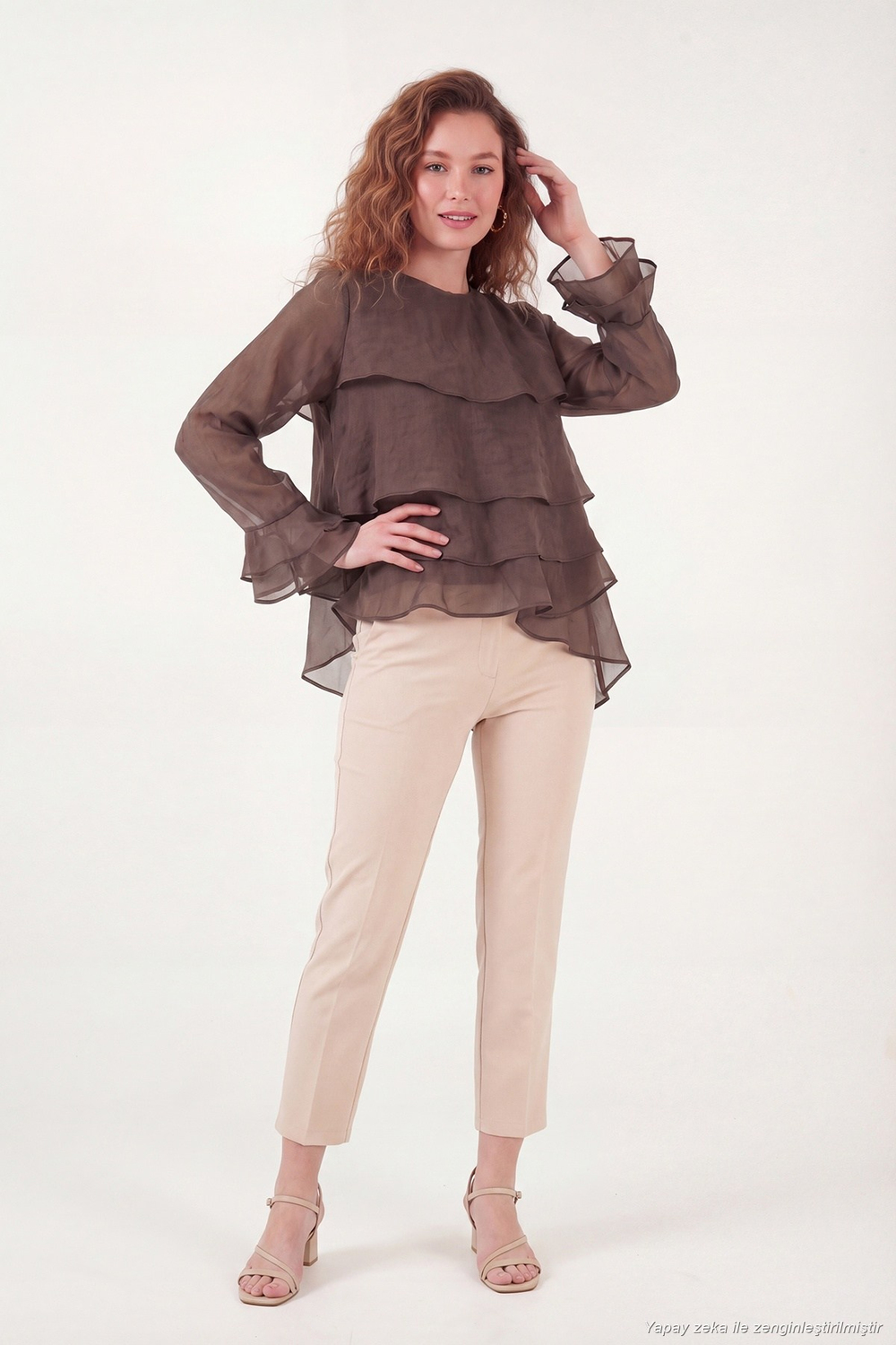 Fırfırlı Relaxed Fit Uzun Kollu Yuvarlak Kadın Bluz 6835049 KAHVE