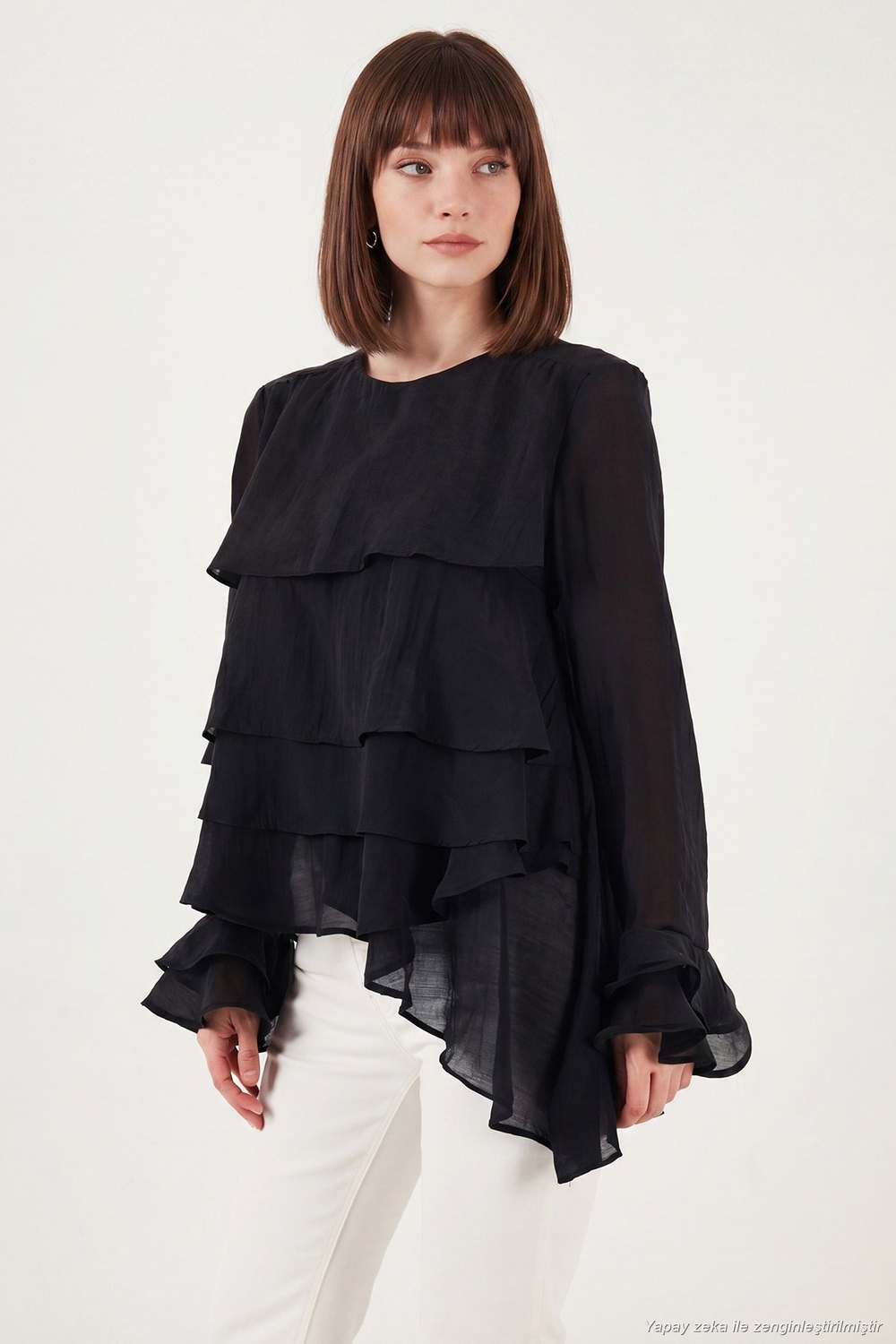 Fırfırlı Relaxed Fit Uzun Kollu Yuvarlak Kadın Bluz 6835049 SİYAH