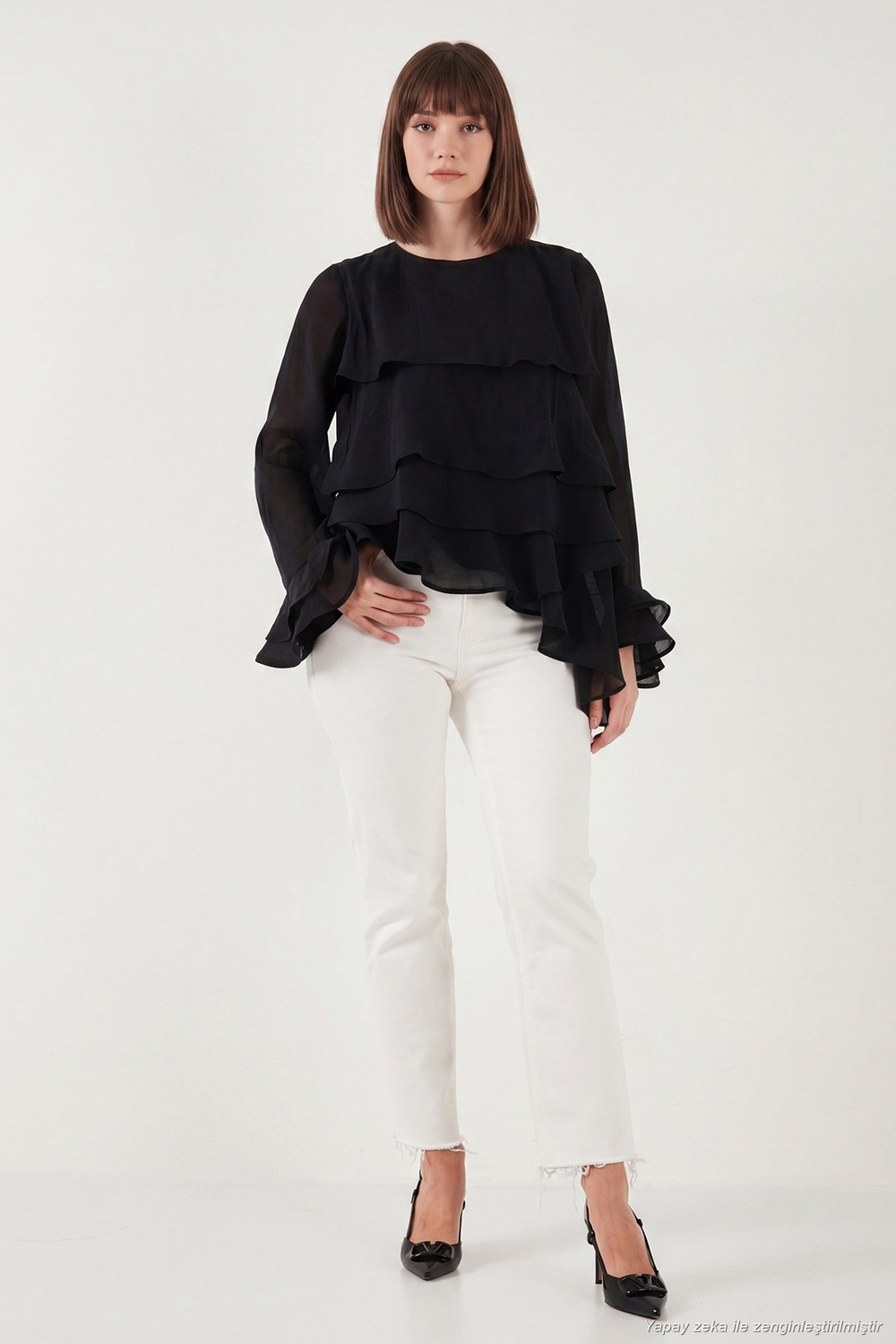 Fırfırlı Relaxed Fit Uzun Kollu Yuvarlak Kadın Bluz 6835049 SİYAH