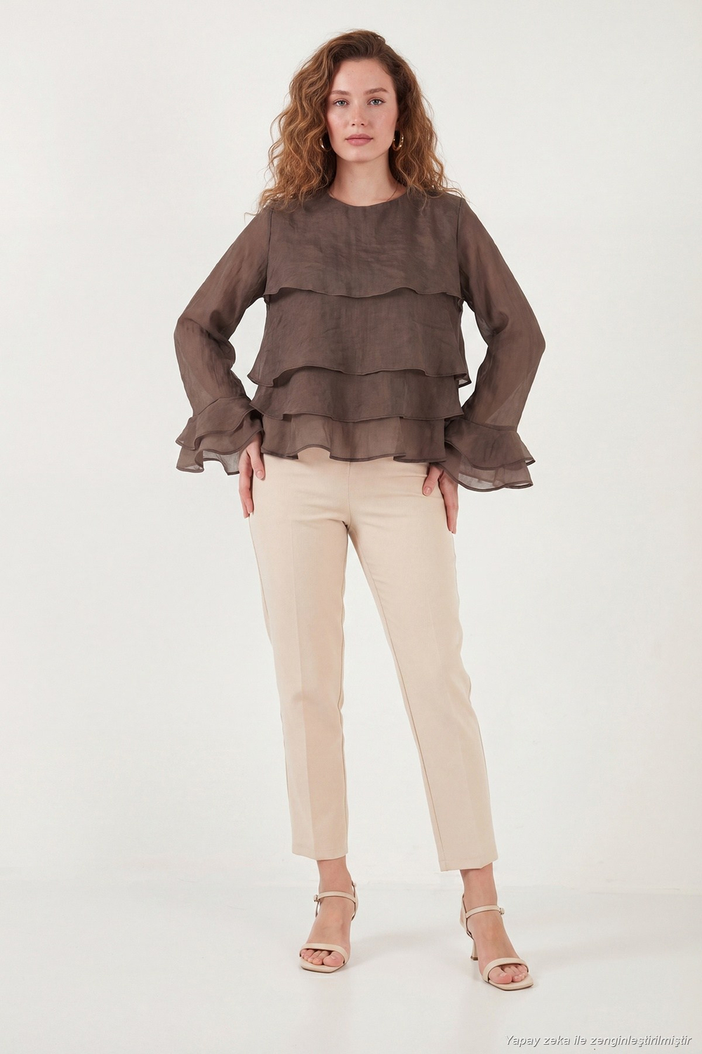 Fırfırlı Relaxed Fit Uzun Kollu Yuvarlak Kadın Bluz 6835049 KAHVE