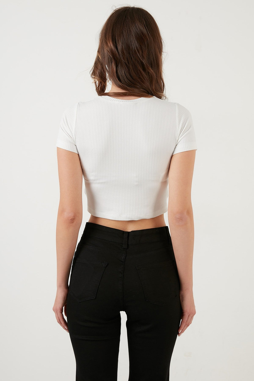 Fitilli Bel Detaylı Kısa Kollu Dar Kesim Crop Kadın Bluz 5864211 EKRU