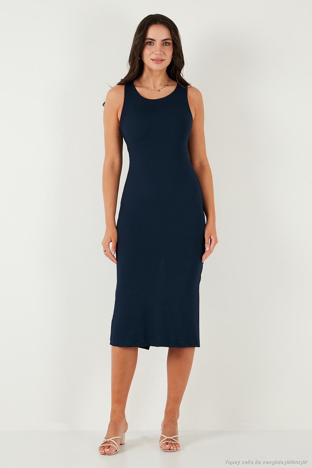 Fitilli Slim Fit Bisiklet Yaka Yırtmaçlı Midi Boy Kadın Elbise 5866101 LACİVERT