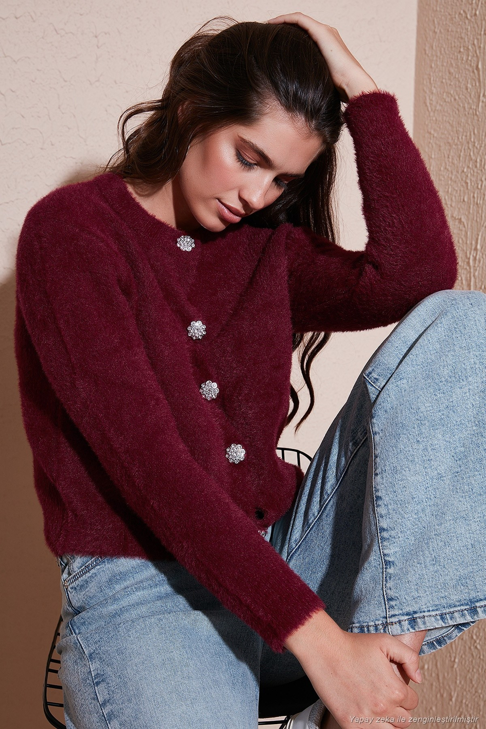 Fitted Fit Bisiklet Yaka Yumuşak Dokulu Crop Kadın Hırka 4615559 BORDO