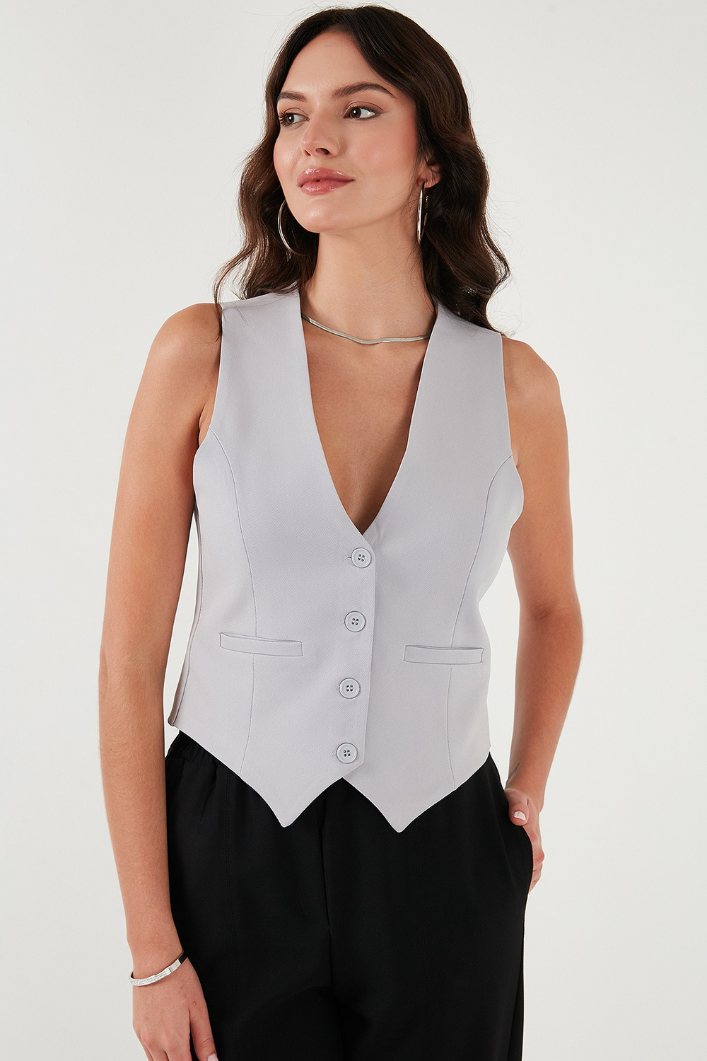 Fitted Fit Düğmeli V Yaka Düğmeli Kadın Yelek 6696796 AÇIK GRİ