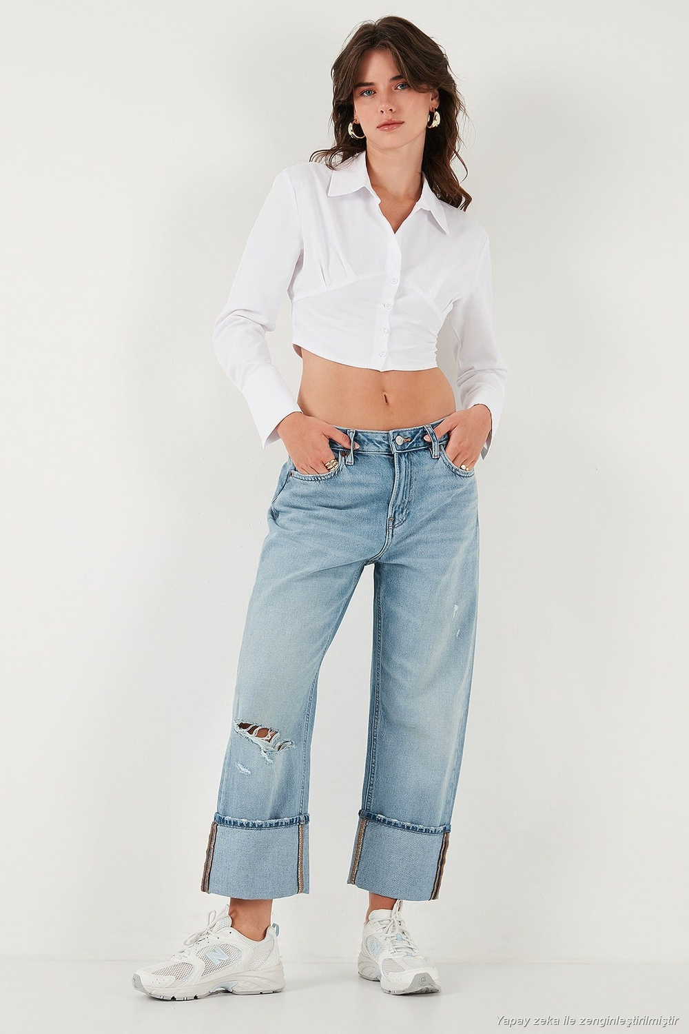 Fitted Fit Pamuklu Korse Detaylı Uzun Kollu Crop Kadın Gömlek 611GO00376 BEYAZ