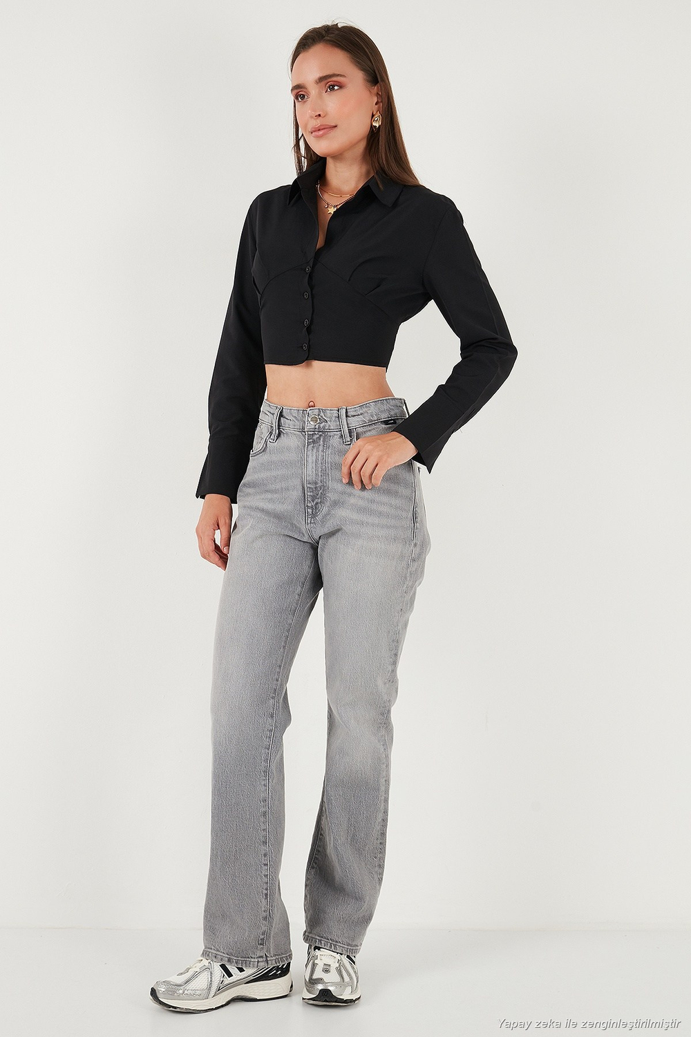 Fitted Fit Pamuklu Korse Detaylı Uzun Kollu Crop Kadın Gömlek 611GO00376 SİYAH