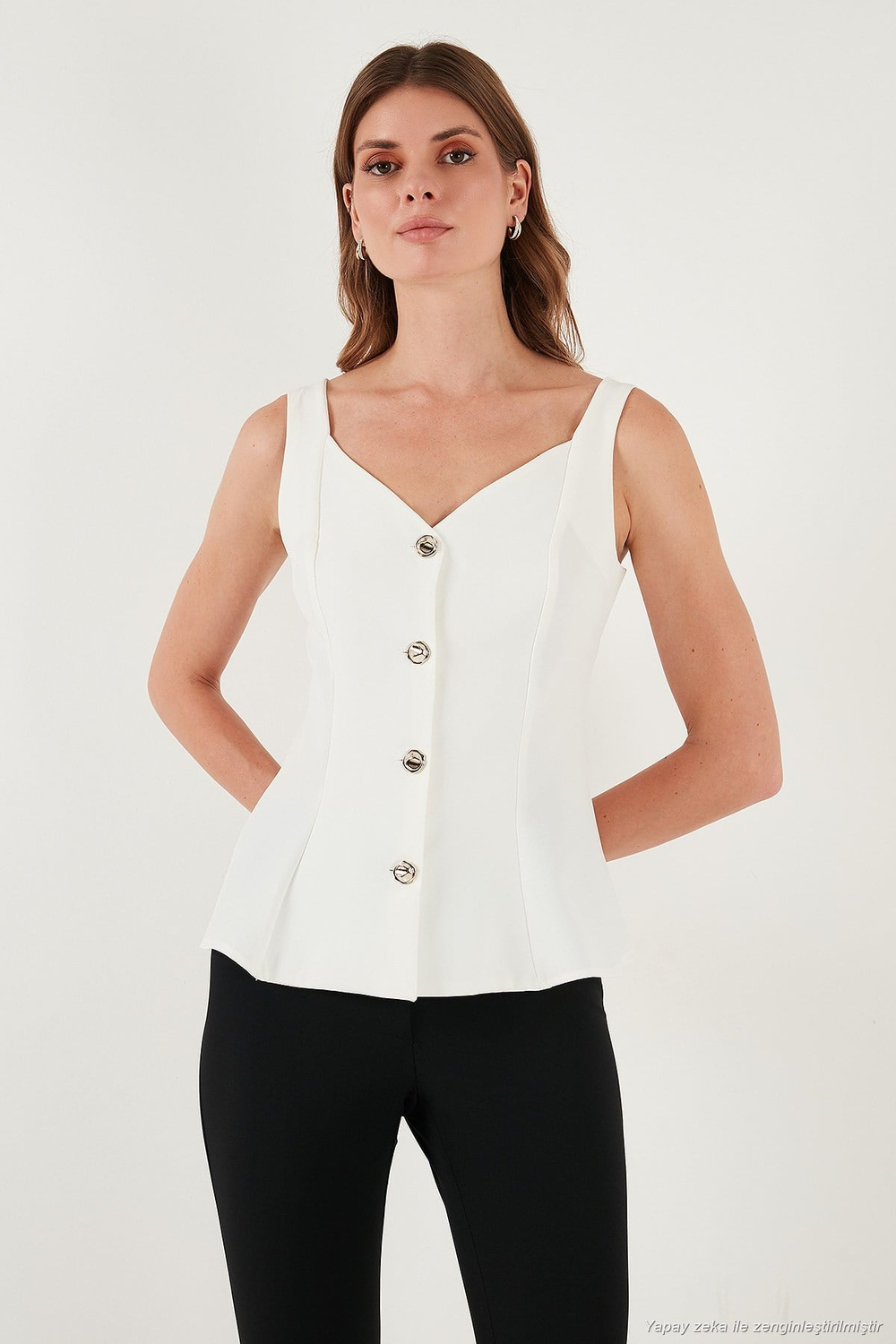 Fitted Fit V Yaka Düğmeli Kadın Yelek 611FYL145 EKRU
