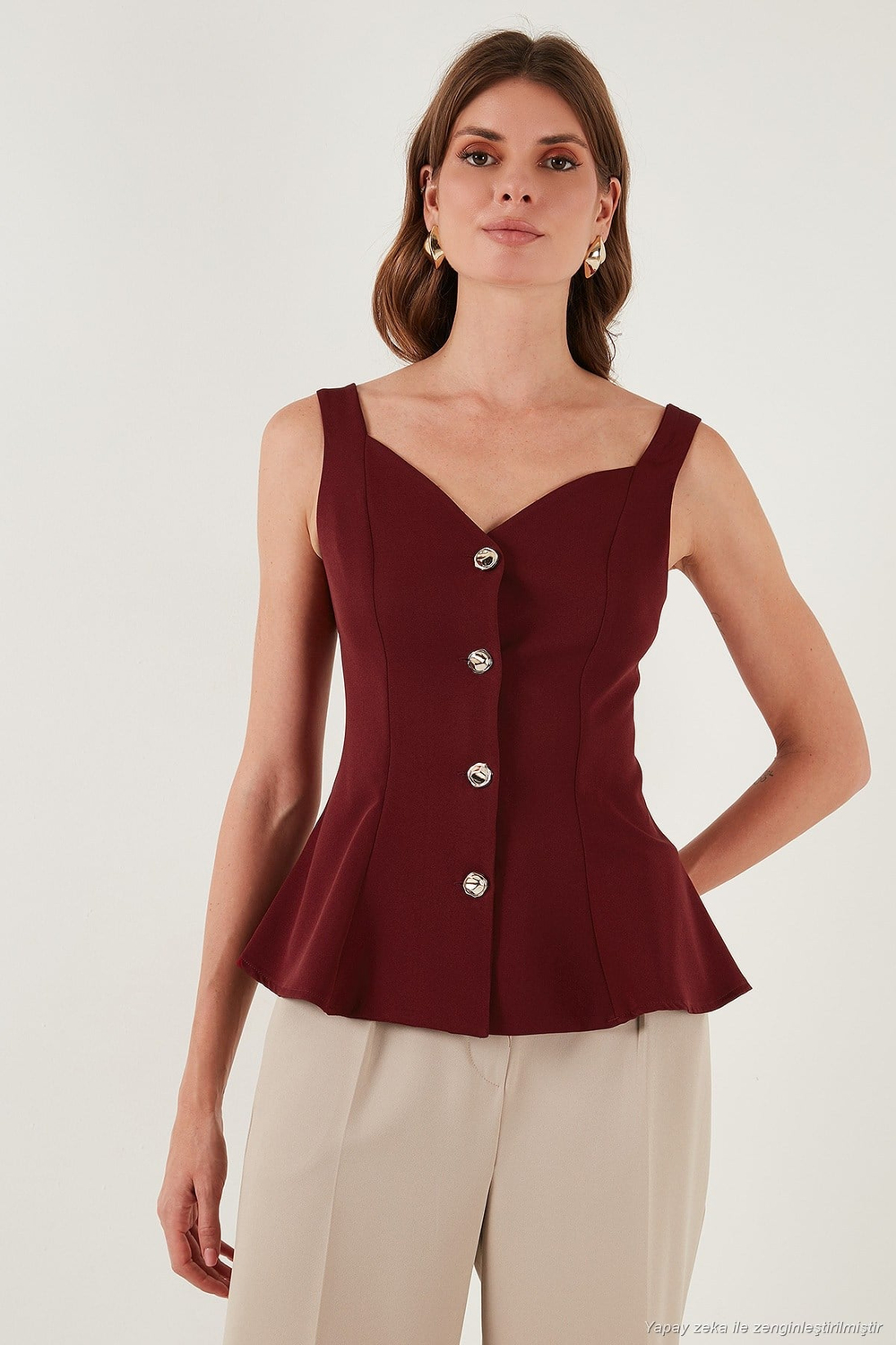 Fitted Fit V Yaka Düğmeli Kadın Yelek 611FYL145 BORDO
