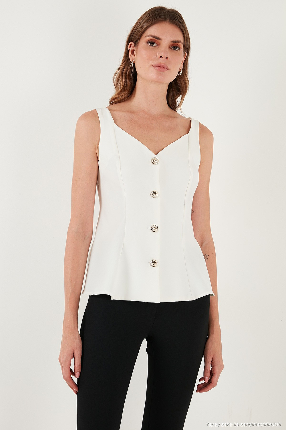 Fitted Fit V Yaka Düğmeli Kadın Yelek 611FYL145 EKRU