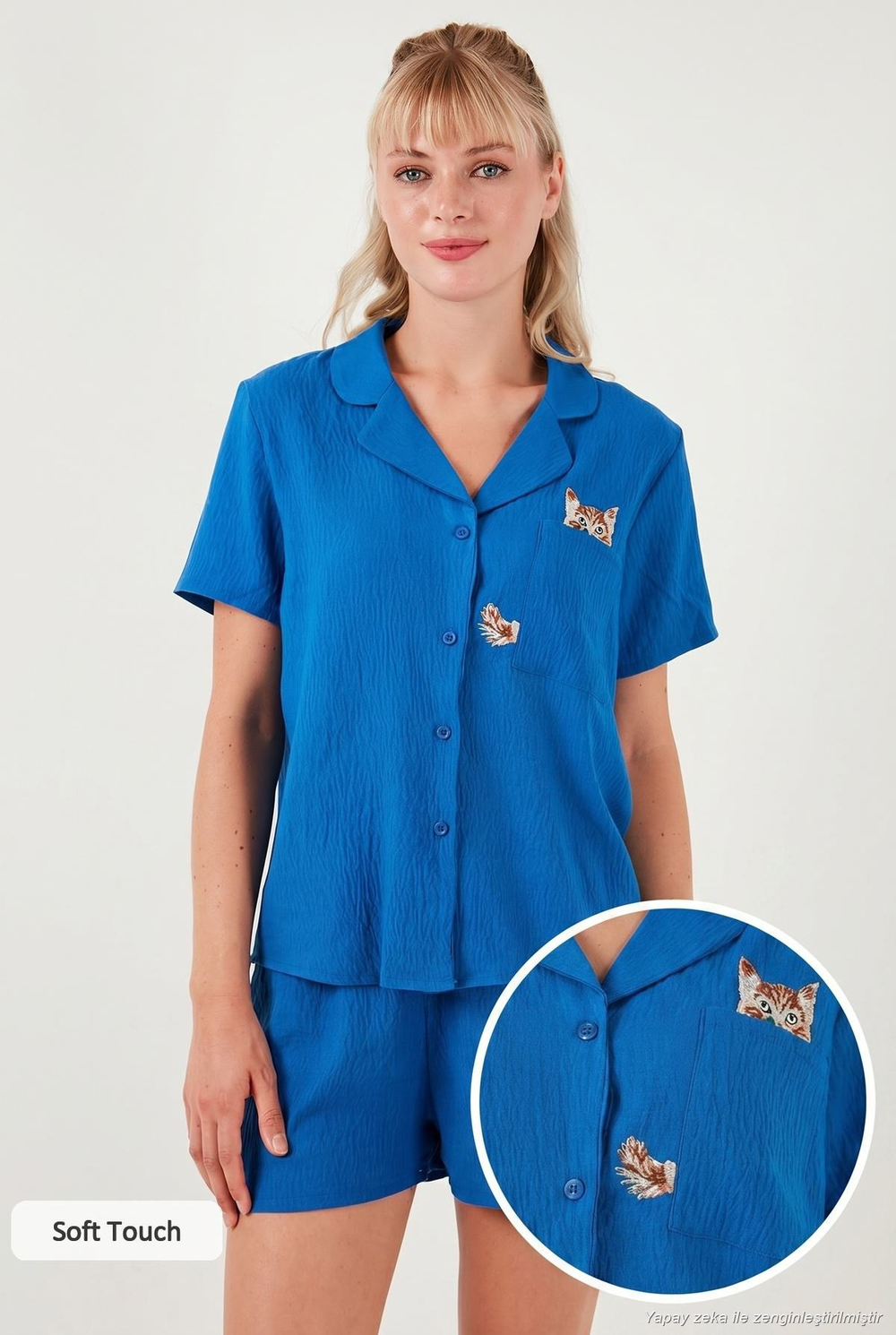 Gömlek Yaka Beli Lastikli Kısa Kollu Şortlu Kadın Pijama Takımı 611PT00123 MAVİ